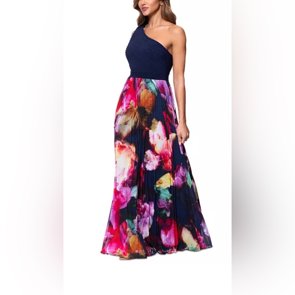 XSCAPE Petite Printed One-Shoulder Gown